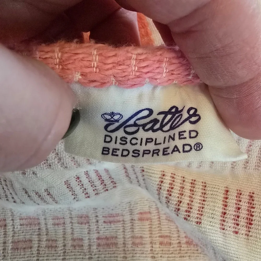Bates Disciplined Bedspread Vintage MCM Pink Orange Red Striped Woven Made USA‎